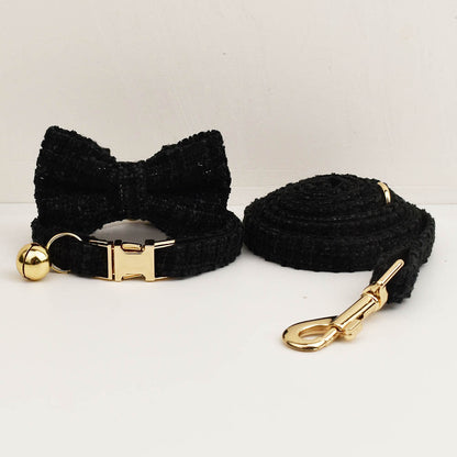 S Black Elegant Tweed Pet Collar and Leash Set - Adjustable Cat and Small Dog Collar with Removable Bow Tie V888-ELOSUNG46080