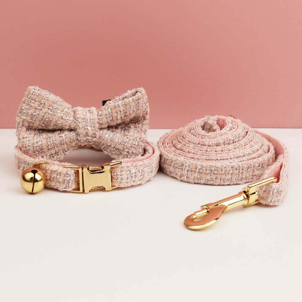 S Pink Elegant Tweed Pet Collar and Leash Set - Adjustable Cat and Small Dog Collar with Removable Bow Tie V888-ELOSUNG46082