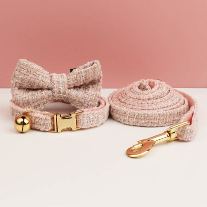 S Pink Elegant Tweed Pet Collar and Leash Set - Adjustable Cat and Small Dog Collar with Removable Bow Tie V888-ELOSUNG46082