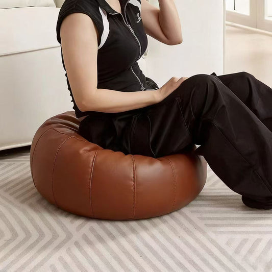Brown Faux Leather Pumpkin Pouf Cover - DIY Unfilled Round Ottoman for Clothes Storage and Footrest - 50x30cm V888-ELOSUNG46104