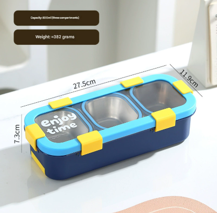 Blue Premium Stainless Steel 3-Compartment Lunch Box - Leak-Proof 500ml Portable Bento Box for Students and V888-ELOSUNG46105