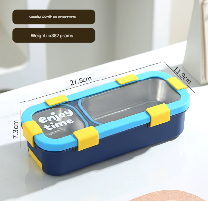 Blue Premium 2-Compartment Stainless Steel Lunch Box - 600ml Leak-Proof Bento Box for School and Office - V888-ELOSUNG46108