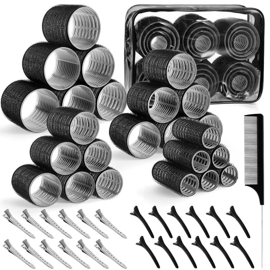 Black 50-Piece Professional Hair Roller Set - Multi-Size Self-Grip Velcro Rollers with Clips and Tail Comb - V888-ELOSUNG46111