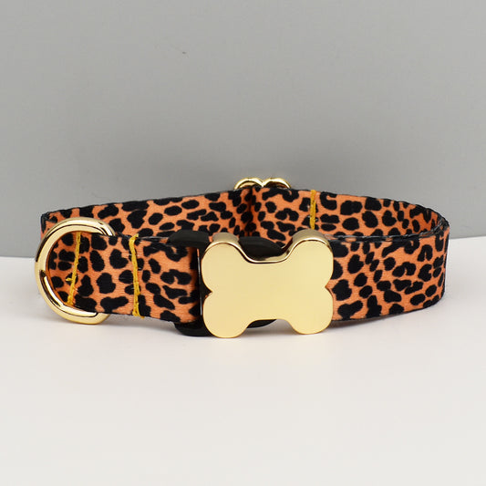 M Leopard Print Patterned Dog Collar with Gold Metal Bone Buckle Adjustable Tribal & Leopard Print Neck Strap V888-ELOSUNG46117