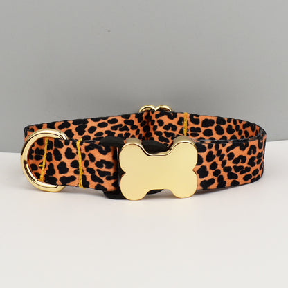 XL Leopard Print Boho Patterned Dog Collar with Gold Metal Bone Buckle Adjustable Tribal & Leopard Print Neck V888-ELOSUNG46119