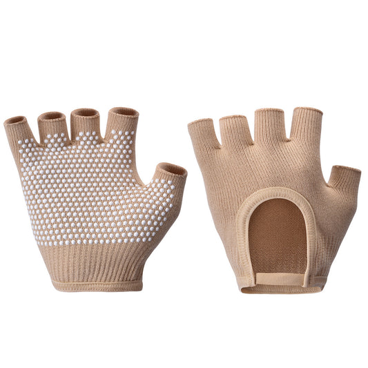 Beige 2-Pack Women's Non-Slip Yoga Gloves - Open Back Half Finger Cotton Stretchy Grip Gloves for Aerial V888-ELOSUNG46159