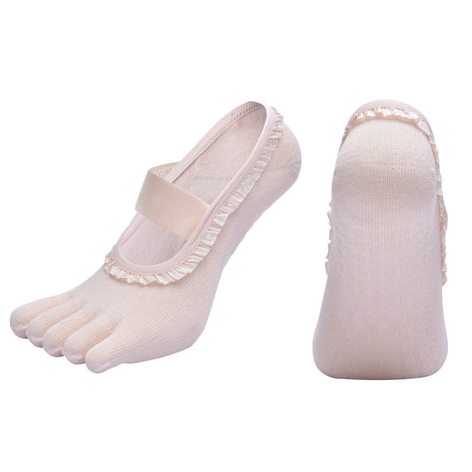 Beige 2pcs Women's 5-Finger Ballet Style Yoga Socks - Non-Slip Grip Pilates & Dance Socks with Elegant Lace V888-ELOSUNG46162
