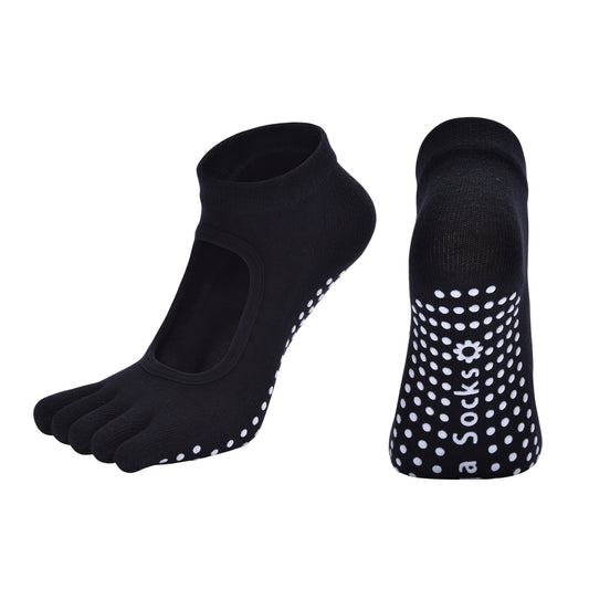 Black 3-Pack Women's Non-Slip Five-Finger Yoga Socks - Open Back Combed Cotton Pilates & Fitness Grip Socks V888-ELOSUNG46165