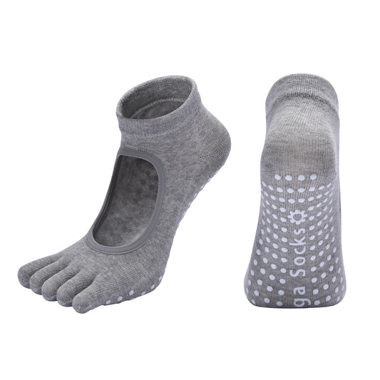 Light Grey 3-Pack Women's Non-Slip Five-Finger Yoga Socks - Open Back Combed Cotton Pilates & Fitness Grip V888-ELOSUNG46166