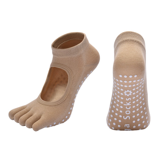 Beige 3-Pack Women's Non-Slip Five-Finger Yoga Socks - Open Back Combed Cotton Pilates & Fitness Grip Socks V888-ELOSUNG46167