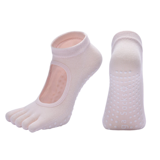 Pink 3-Pack Women's Non-Slip Five-Finger Yoga Socks - Open Back Combed Cotton Pilates & Fitness Grip Socks V888-ELOSUNG46168