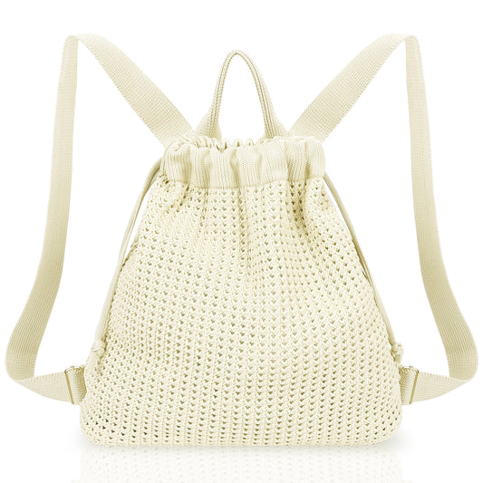 Beige Bohemian Crochet Knit Drawstring Backpack - Hand-Woven Versatile Tote & Shoulder Bag for Vacation, V888-ELOSUNG46225