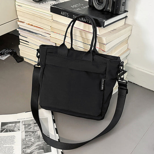 Black Lightweight Nylon Grid Tote Bag - Versatile Multi-Compartment Shoulder and Crossbody Bag for Daily V888-ELOSUNG46244