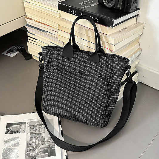 Black Plaid Lightweight Nylon Grid Tote Bag - Versatile Multi-Compartment Shoulder and Crossbody Bag for V888-ELOSUNG46245