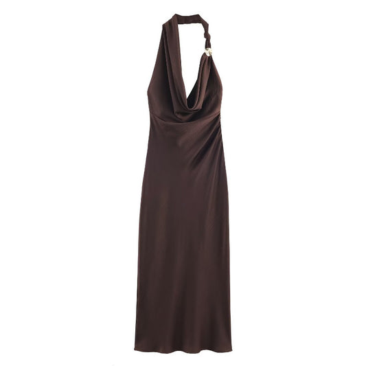 XS Elegant Halter Neck Satin Midi Dress - Sexy Asymmetric Draped Evening Gown with Metal Hardware Accent for V888-ELOSUNG46257