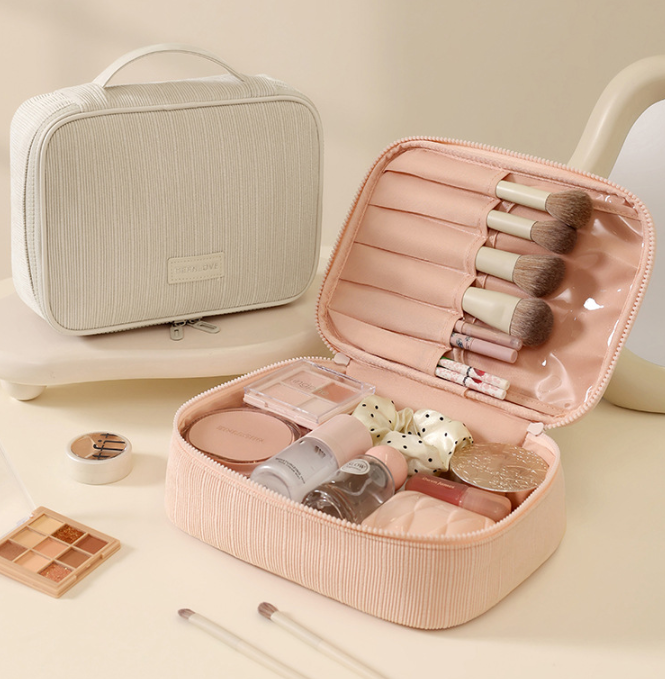 Beige Professional Large Capacity Travel Makeup Bag - Multifunctional Cosmetic Organizer with Dedicated Brush V888-ELOSUNG46262