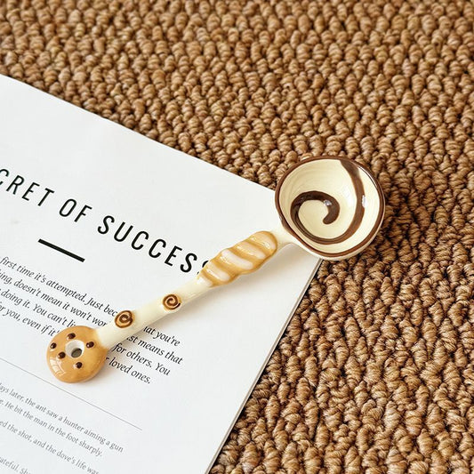 Cookies Scoop Creative Hand-Painted Ceramic Spoon - Cute Cartoon Bakery Series Long Handle Soup Spoon - V888-ELOSUNG46272