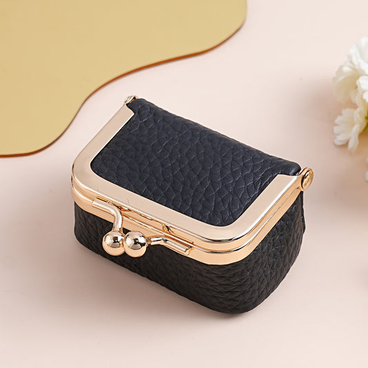 Black Genuine Leather Mini Kiss-Lock Jewelry Pouch - Portable Travel Organizer for Rings, Earrings, V888-ELOSUNG46277