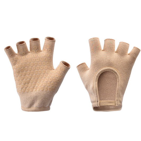 Beige 2-Pack Women's Non-Slip Yoga Gloves - Open Back Half Finger Cotton Stretchy Grip Gloves for Aerial V888-ELOSUNG46302