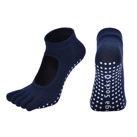 Navy Blue 3-Pack Women's Non-Slip Five-Finger Yoga Socks - Open Back Combed Cotton Pilates & Fitness Grip V888-ELOSUNG46309