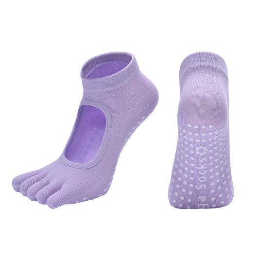 Light Purple 3-Pack Women's Non-Slip Five-Finger Yoga Socks - Open Back Combed Cotton Pilates & Fitness Grip V888-ELOSUNG46310