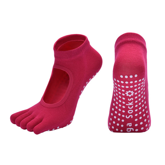Rose Red 3-Pack Women's Non-Slip Five-Finger Yoga Socks - Open Back Combed Cotton Pilates & Fitness Grip V888-ELOSUNG46311