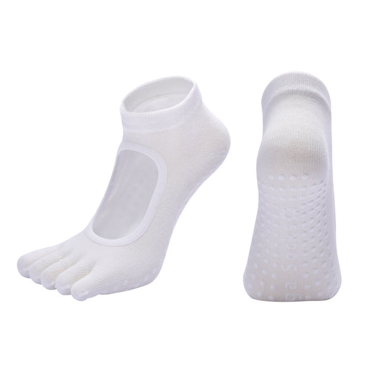 White 3-Pack Women's Non-Slip Five-Finger Yoga Socks - Open Back Combed Cotton Pilates & Fitness Grip Socks V888-ELOSUNG46313