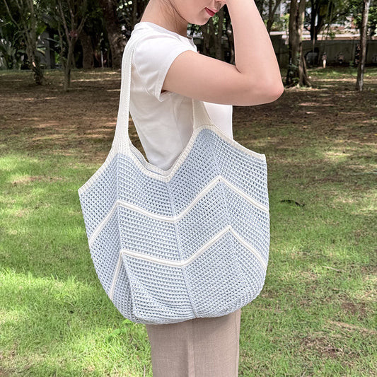 Blue Bohemian Chic Knit Tote Bag | Large Capacity Chevron Weave Shoulder Bag | Fashionable Casual Mesh V888-ELOSUNG46356