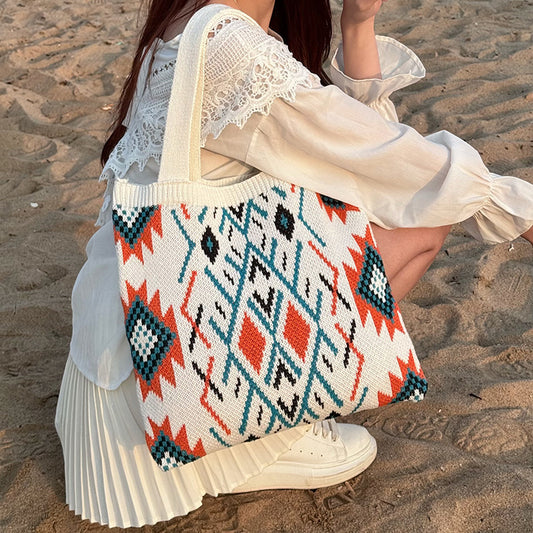 Beige Bohemian Tribal Print Knit Tote Bag | Large Capacity Woven Style Handbag | Fashion Ethnic Shoulder V888-ELOSUNG46359