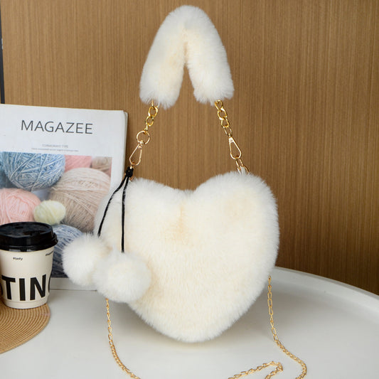 Beige 2PCS Luxury Faux Rabbit Fur Heart-Shaped Handbag | Adorable Plush Crossbody Shoulder Bag | Fashionable V888-ELOSUNG46367
