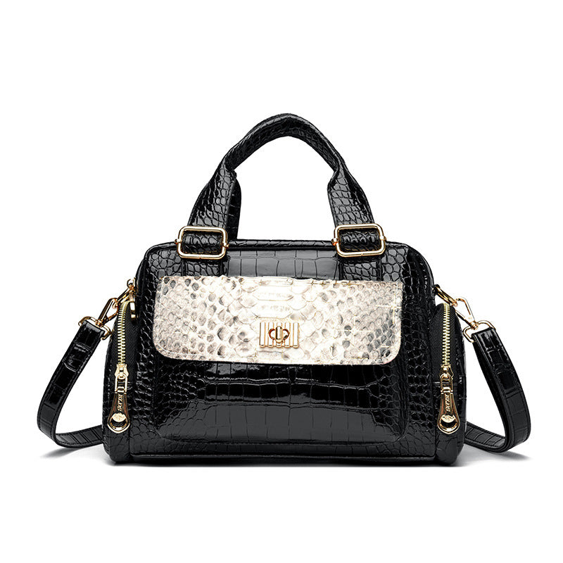 Black Luxurious Patterned Handbag | Structured Top Handle Shoulder Bag | Fashion Trend High-Gloss Tote V888-ELOSUNG46374