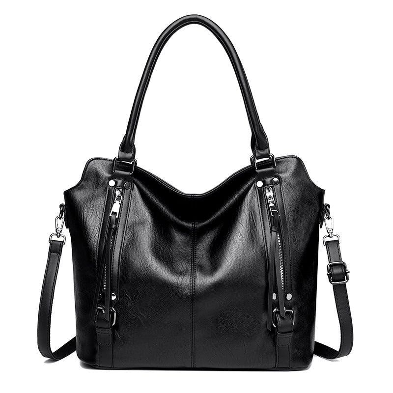 Black Vintage Soft PU Leather Tote Bag | Large Capacity Multi-Pocket Handbag | Convertible Shoulder & V888-ELOSUNG46376