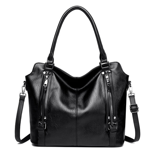 Black Vintage Soft PU Leather Tote Bag | Large Capacity Multi-Pocket Handbag | Convertible Shoulder & V888-ELOSUNG46376