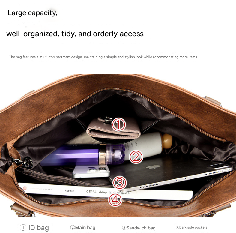 Black Vintage Soft PU Leather Tote Bag | Large Capacity Multi-Pocket Handbag | Convertible Shoulder & V888-ELOSUNG46376