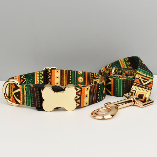 S Green-yellow Boho Patterned Dog Collar with Gold Metal Bone Buckle Adjustable Tribal & Leopard Print Neck V888-ELOSUNG46433