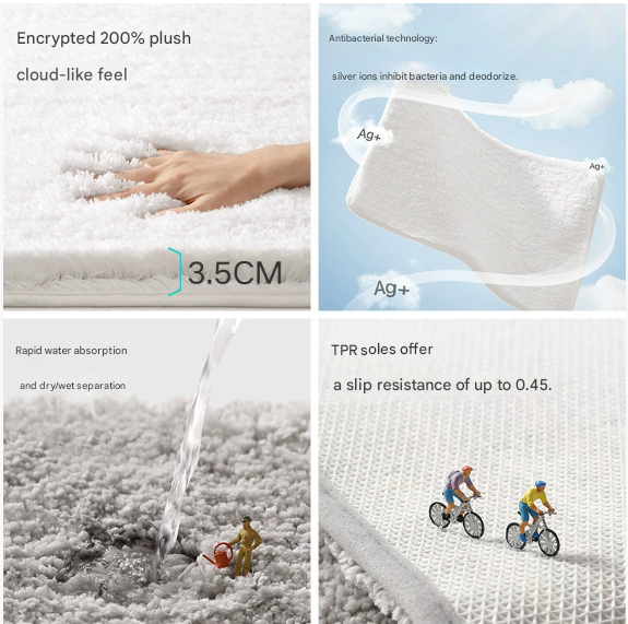 White 50*80cm Luxury 3.5cm Shag Bath Mat | Silver Ion Antibacterial Technology | Quick Dry Non-Slip TPR V888-ELOSUNG46443