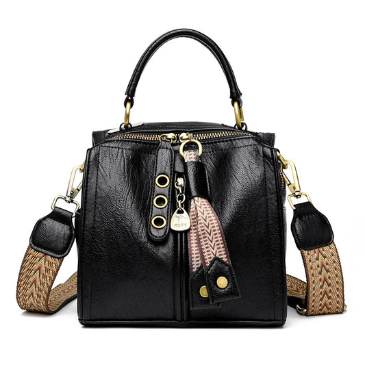 Black Vintage Look PU Leather Box Bag | Stylish Top Handle Crossbody Tote | Multi-Carry Bucket Bag with Wide V888-ELOSUNG46484