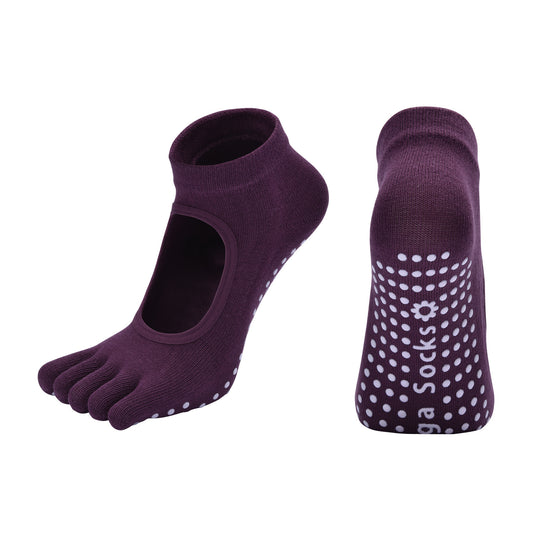 Purple 3-Pack Women's Non-Slip Five-Finger Yoga Socks - Open Back Combed Cotton Pilates & Fitness Grip Socks V888-ELOSUNG46505