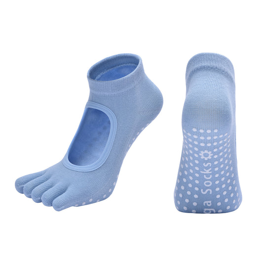 Blue 3-Pack Women's Non-Slip Five-Finger Yoga Socks - Open Back Combed Cotton Pilates & Fitness Grip Socks V888-ELOSUNG46506