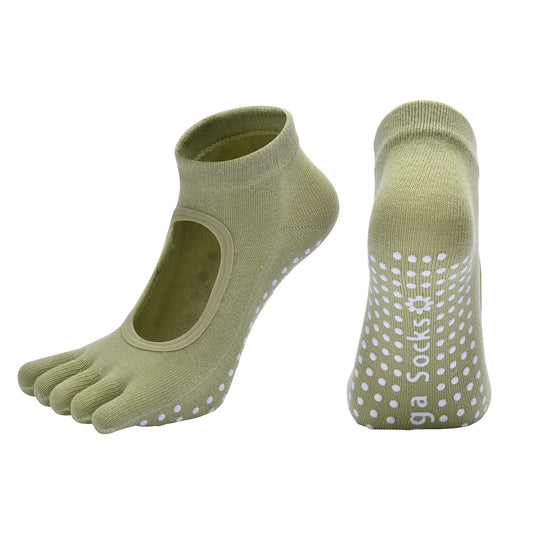 Green 3-Pack Women's Non-Slip Five-Finger Yoga Socks - Open Back Combed Cotton Pilates & Fitness Grip Socks V888-ELOSUNG46507