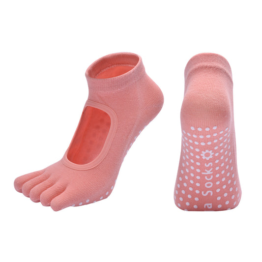 Orange 3-Pack Women's Non-Slip Five-Finger Yoga Socks - Open Back Combed Cotton Pilates & Fitness Grip Socks V888-ELOSUNG46508
