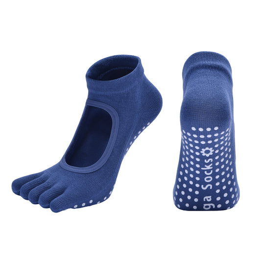 Dark Blue 3-Pack Women's Non-Slip Five-Finger Yoga Socks - Open Back Combed Cotton Pilates & Fitness Grip V888-ELOSUNG46509