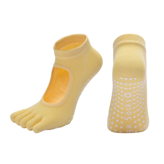 Yellow 3-Pack Women's Non-Slip Five-Finger Yoga Socks - Open Back Combed Cotton Pilates & Fitness Grip Socks V888-ELOSUNG46510