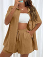 XL Brown Women's Elegant 2-Piece Casual Set | Distressed Linen-Look Button-Down Shirt & Drawstring Shorts V888-ELOSUNG46559