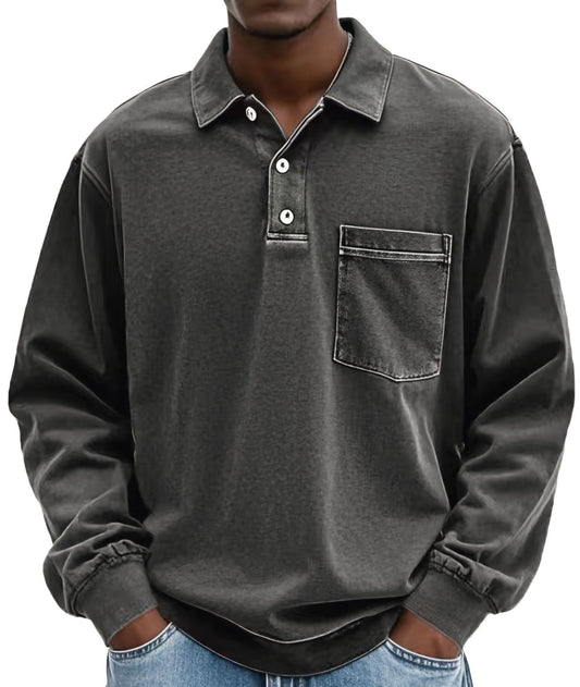 L Black Men's Premium Long Sleeve Polo Shirt | Vintage Washed Relaxed Fit | Casual Loose Buttoned Lapel Top V888-ELOSUNG46569