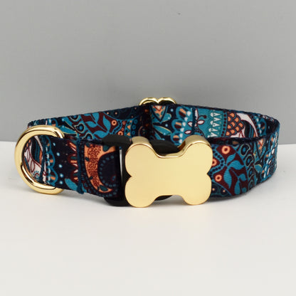 S Blue Boho Patterned Dog Collar with Gold Metal Bone Buckle Adjustable Tribal & Leopard Print Neck Strap for V888-ELOSUNG46573