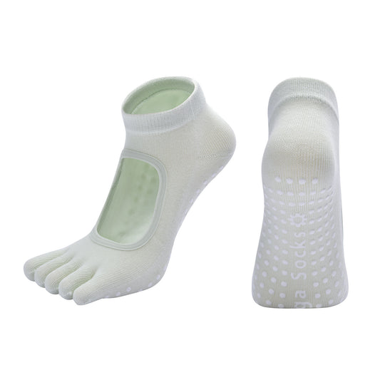 Macaron Green 3-Pack Women's Non-Slip Five-Finger Yoga Socks - Open Back Combed Cotton Pilates & Fitness Grip V888-ELOSUNG46617