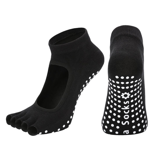 Black 3-Pack Women's Non-Slip Five-Finger Yoga Socks - Open Back Combed Cotton Pilates & Fitness Grip Socks V888-ELOSUNG46618