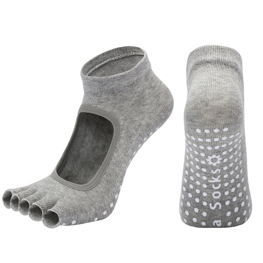 Light Grey 3-Pack Women's Non-Slip Five-Finger Yoga Socks - Open Back Combed Cotton Pilates & Fitness Grip V888-ELOSUNG46619