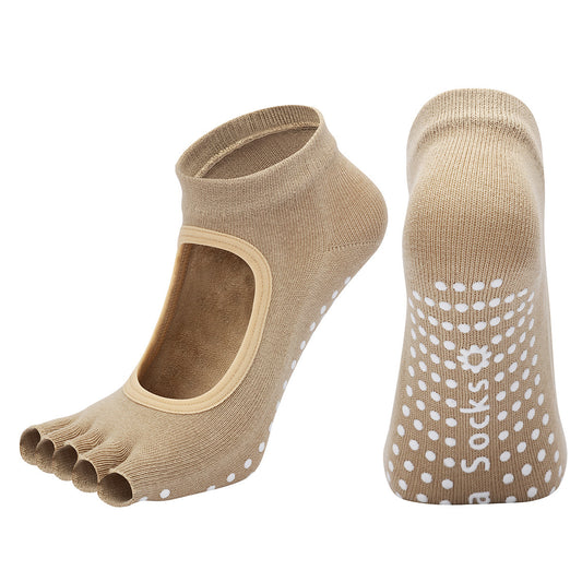 Beige 3-Pack Women's Non-Slip Five-Finger Yoga Socks - Open Back Combed Cotton Pilates & Fitness Grip Socks V888-ELOSUNG46620